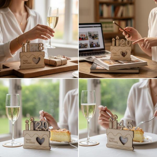 Gutscheingeschenkkartenhalter aus graviertem Holz mit eingesteckten Geburtstagszahlen und Platz für eine Gutscheinkarte.